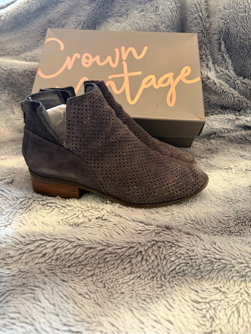 Crown Vintage Gray Perforated Suede Cutout Ankle Booties